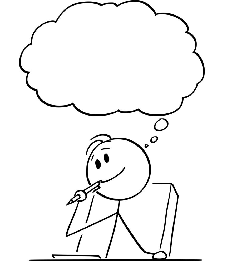 Une bulle de réflexion au-dessus d’un bonhomme-allumettes qui tient un stylo et est assis devant une feuille de papier.